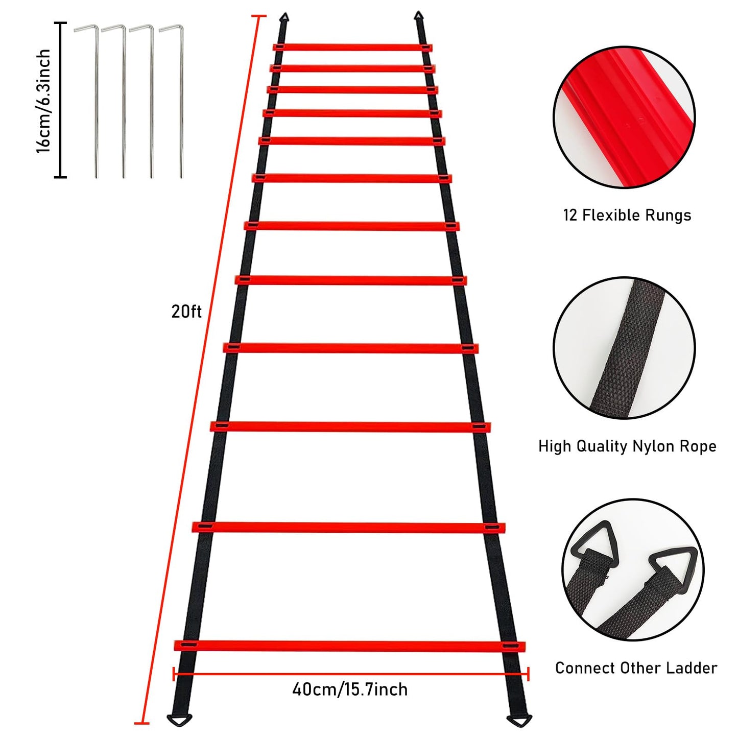 Pro Speed & Agility Training Set—Includes 12 Rung 20ft Adjustable Agility Ladder with Carrying Bag, 12 Disc Cones, 4 Steel Stakes, 1 Resistance Parachute, Use Equipment to Improve Footwork Any Sport