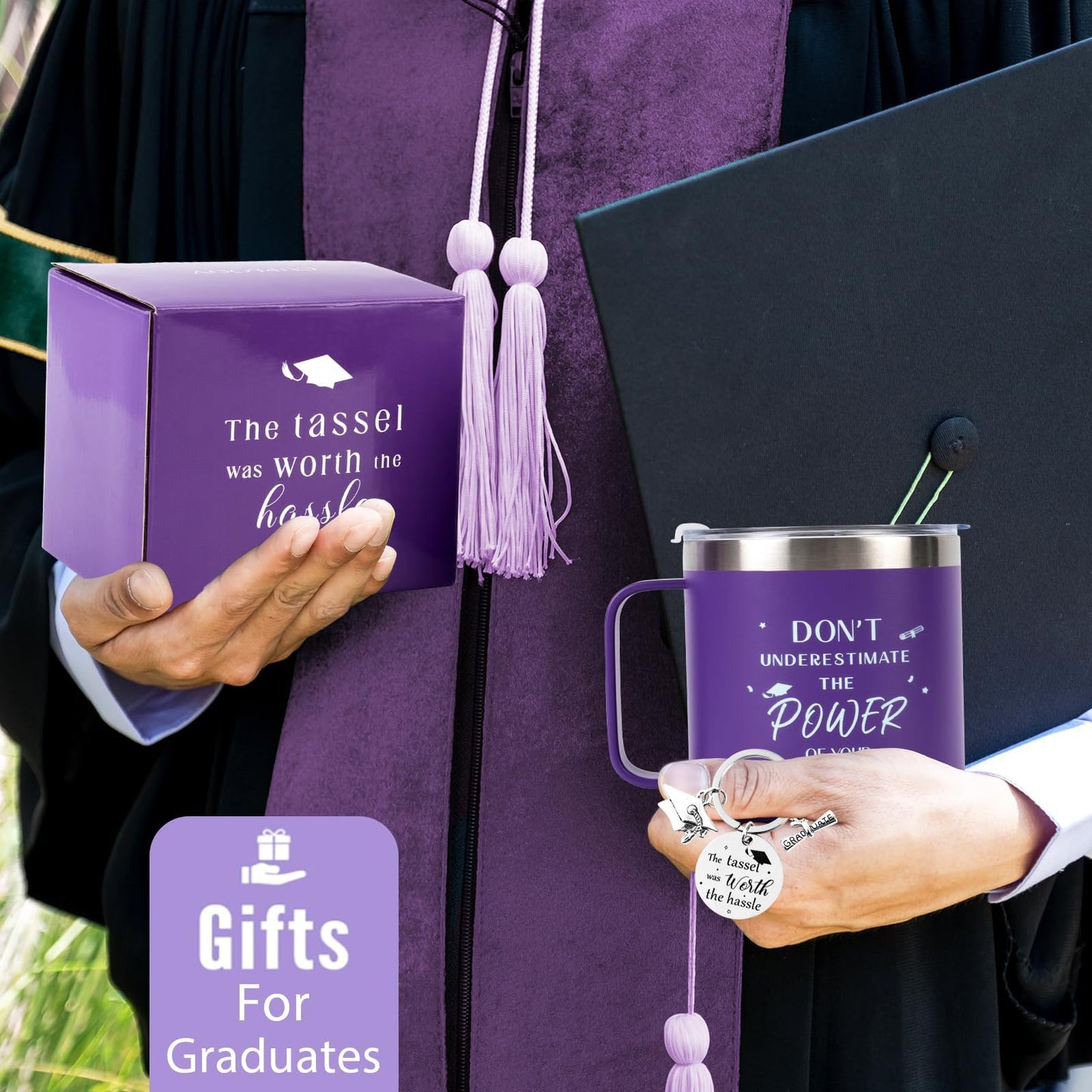 CUPLOOV 2024 Graduation Gifts for Her Him – Purple Graduation Coffee Mug/Tumbler Cup with Lid Straw Keychain and Greeting Cards for Senior College Graduates Classmates Friends