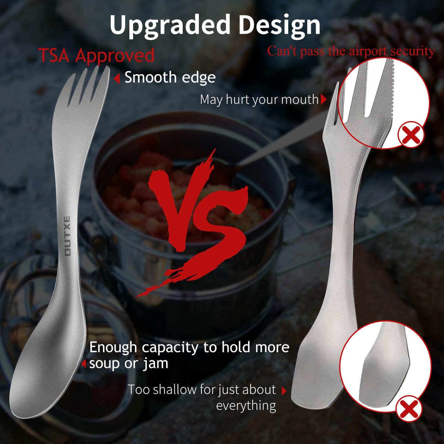 OUTXE Titanium 2 in 1 Fork and Spoon Combo 2-Pack Ultra Lightweight Camping Utensil, Eco-Friendly Spork for Backpacking, Hiking, Outdoors