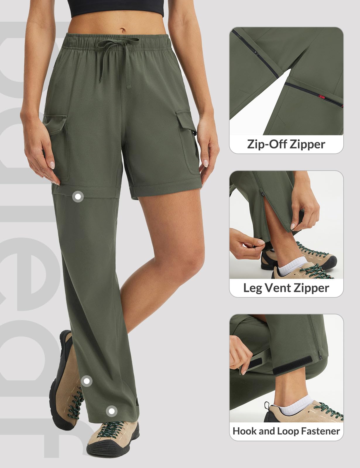 baleaf Women's Hiking Pants 29'' Convertible Zip-Off Pants Army Green L