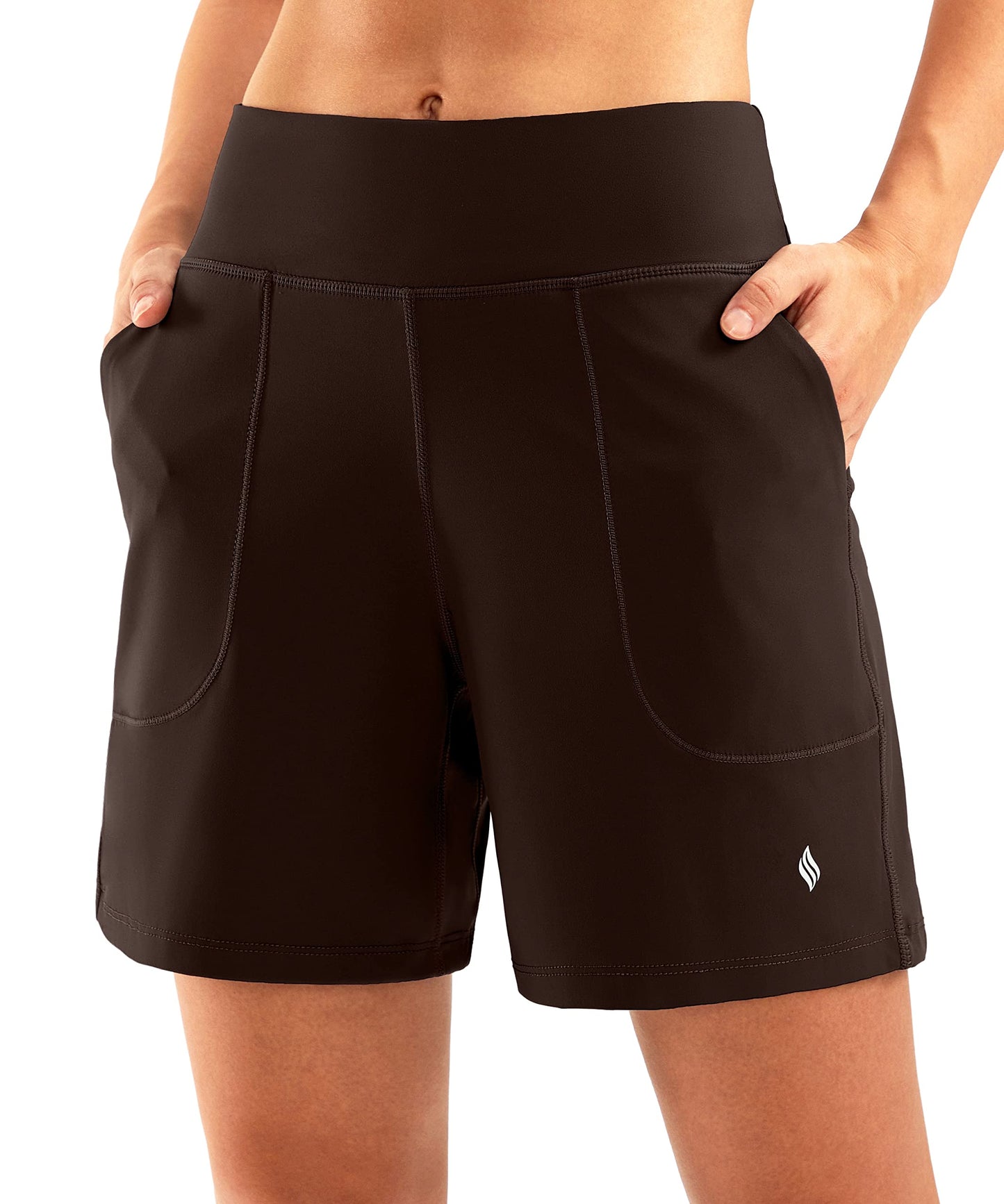 SANTINY Women's 6'' Athletic Long Shorts with 4 Pockets High Waisted Bermuda Shorts for Women Walking Running Casual (Brown_XL)