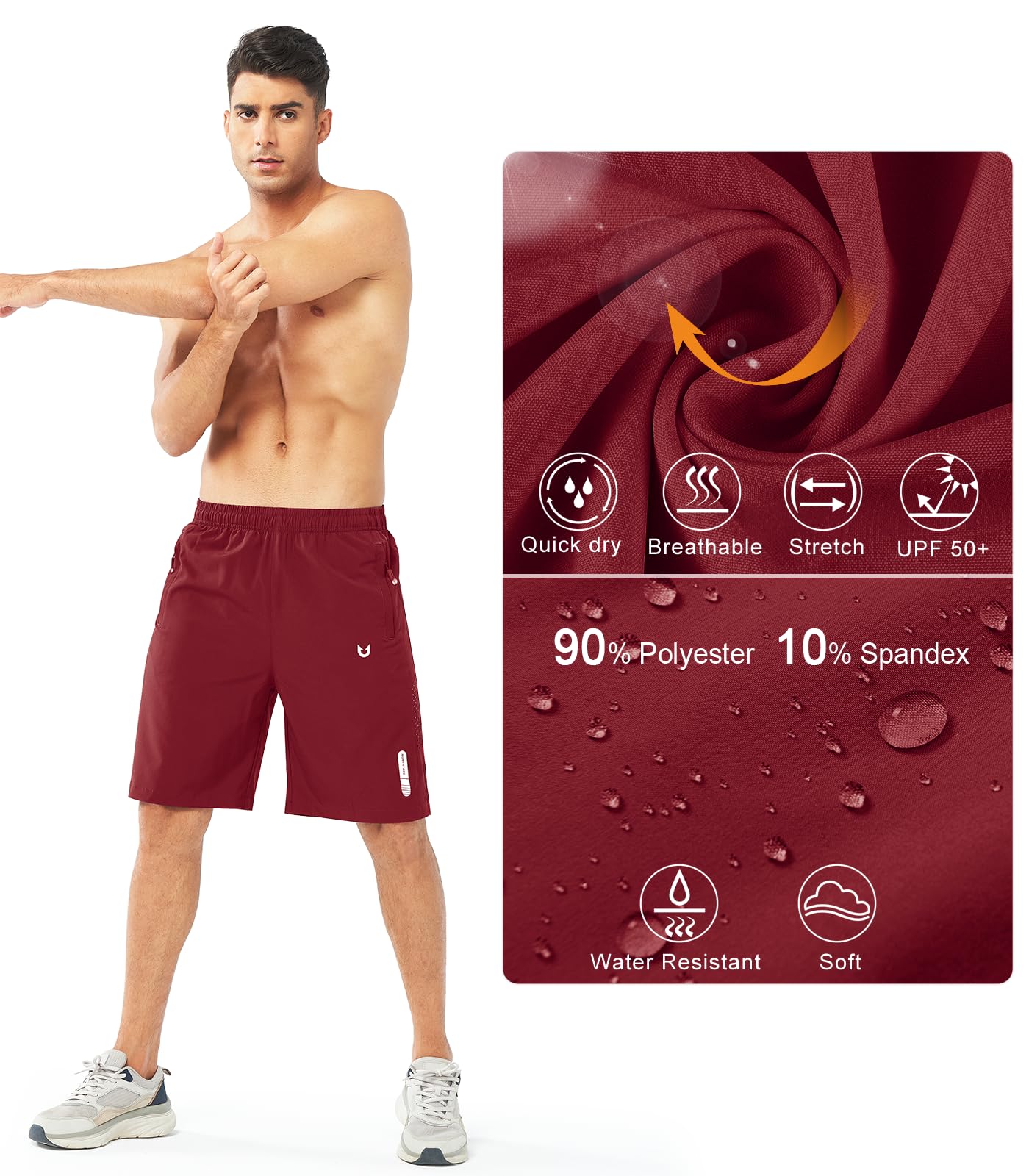 NORTHYARD Men's Athletic Running Shorts Gym Workout 7"/9"/5" Quick Dry Lightweight Sports Basketball Tennis 3 Zipper Pockets WINERED-9inch S