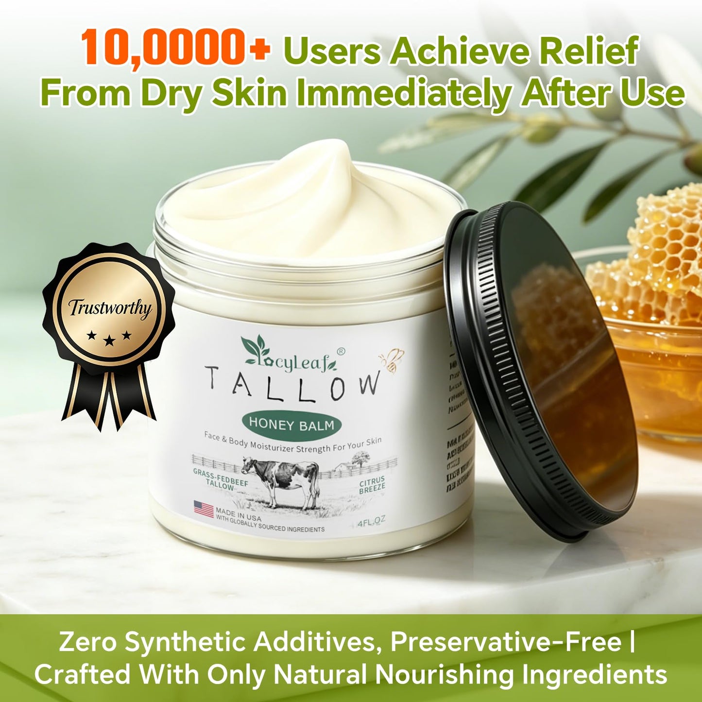 LOCYLEAF Beef Tallow for Skin, Organic Grass-Fed Beef Tallow Balm with Raw Honey, Natural Tallow Skin Care Cream Body Butter, Nourish and Soothe Dry Skin, Light Scent, Made in USA（4 Oz）