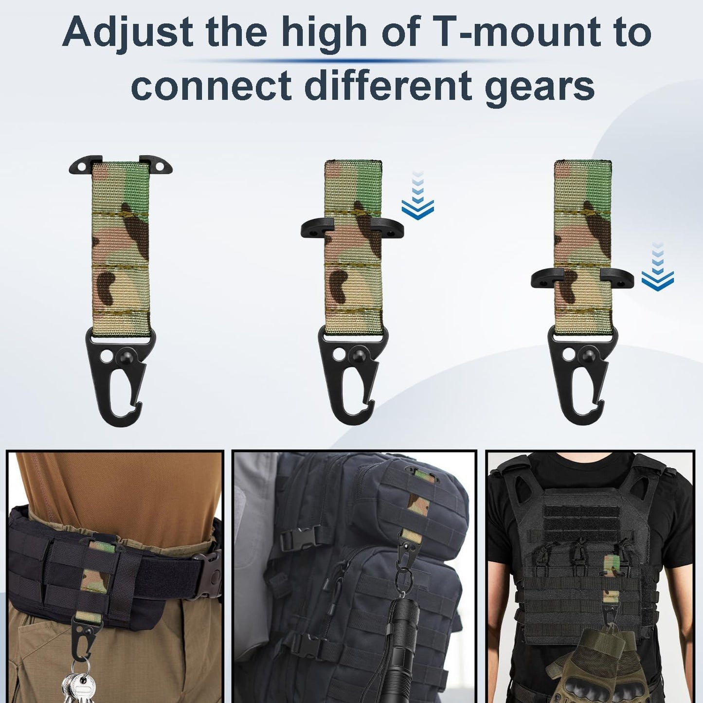 Tactical Molle Clips - 2 Pack T-Mount Key Holder Carabiner Clip for Keys & Gloves