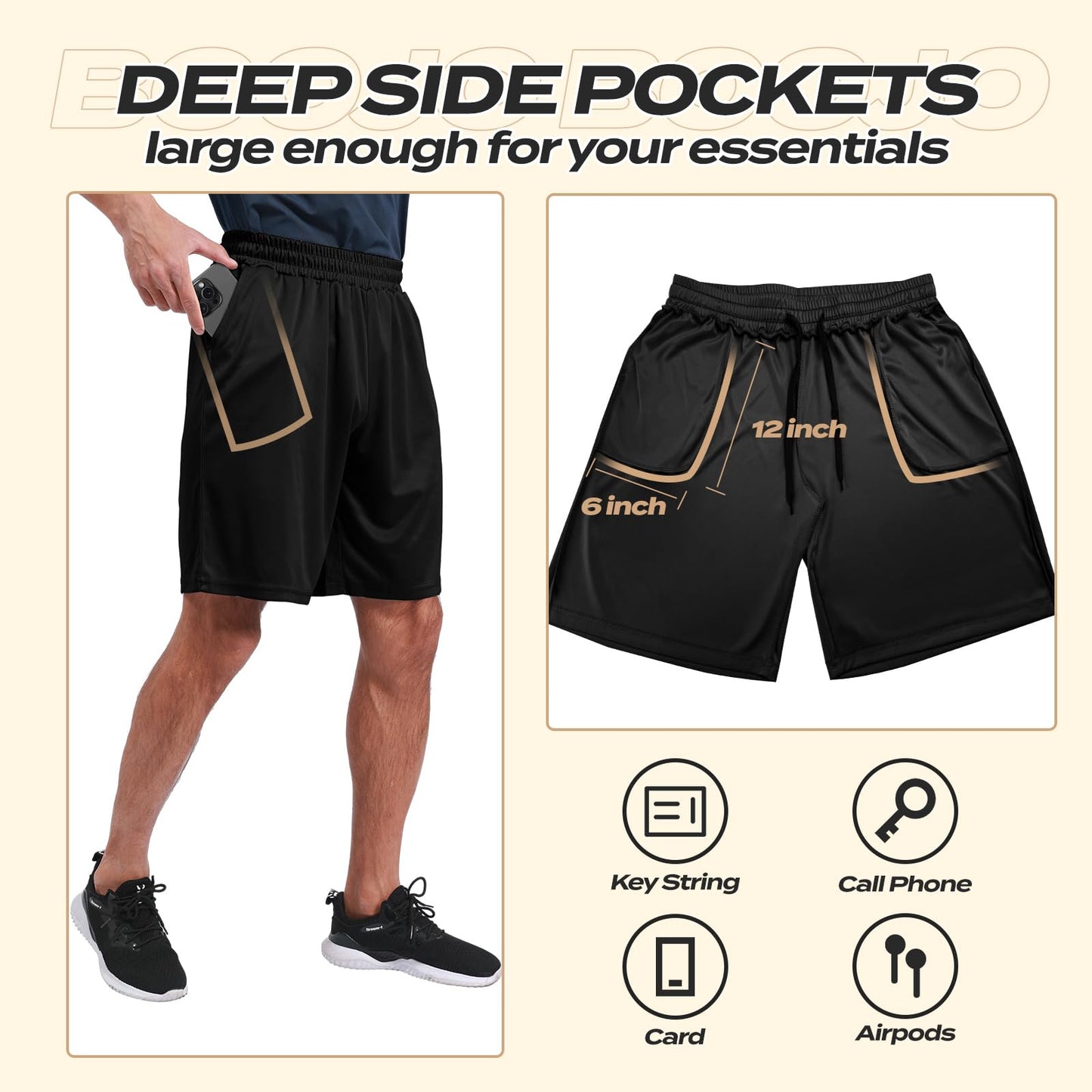 BOOJO 7 Pack Athletic Gym Mens Shorts - Workout Black Quick Dry Basketball Shorts with Pockets for Running Casual Activewear