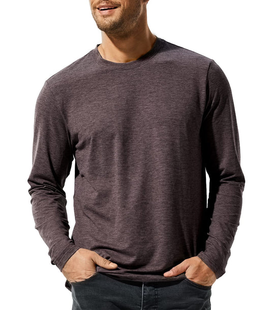 MIER Plain T Shirts Men Long Sleeve Athletic for Men Ultra Soft Casual Crew Neck for Running, Yoga, Fitness, Workout, Dark Brown Heather, M