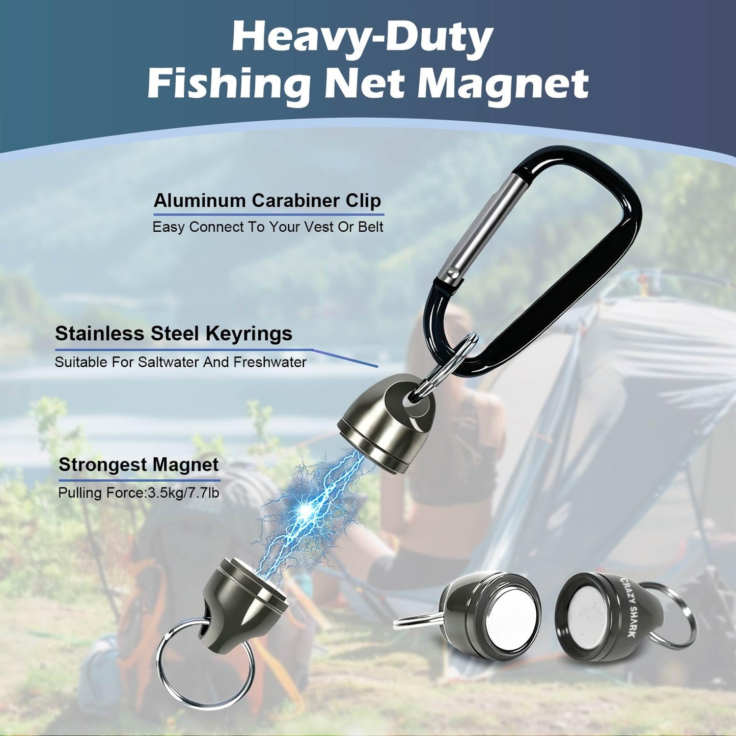 CRAZY SHARK Magnetic Net Release for Fly Fishing, Aluminum Fishing Net Magnet, Fly Fishing Net Holder Retractor with Carabiner Gun Metal