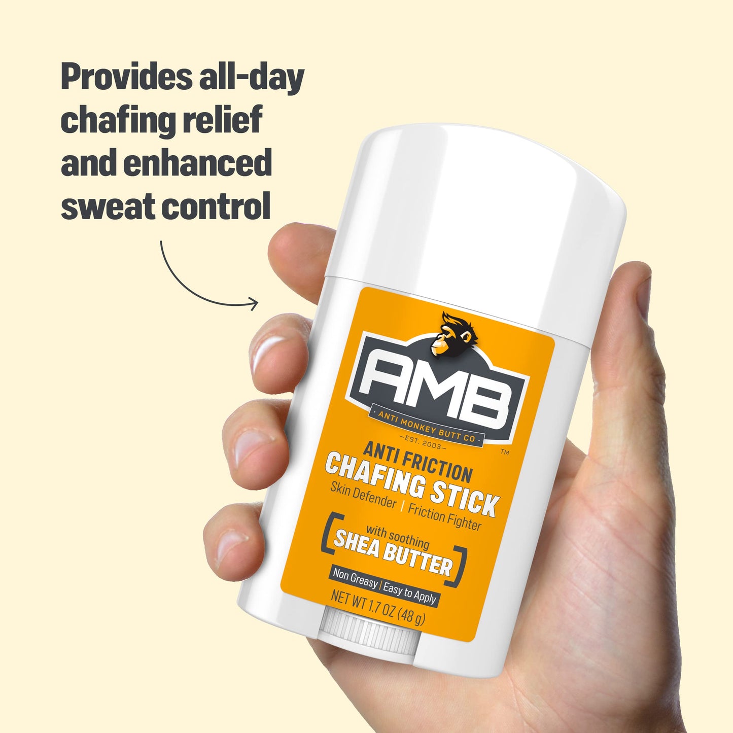 Anti Monkey Butt Anti Chafing Stick - Body Glide Stick for Thigh Chafing, Friction, & Irritation Relief - Mess-Free Anti Chafe Balm with Shea Butter & Almond Oil for Daily Skin Comfort - 1.7 oz