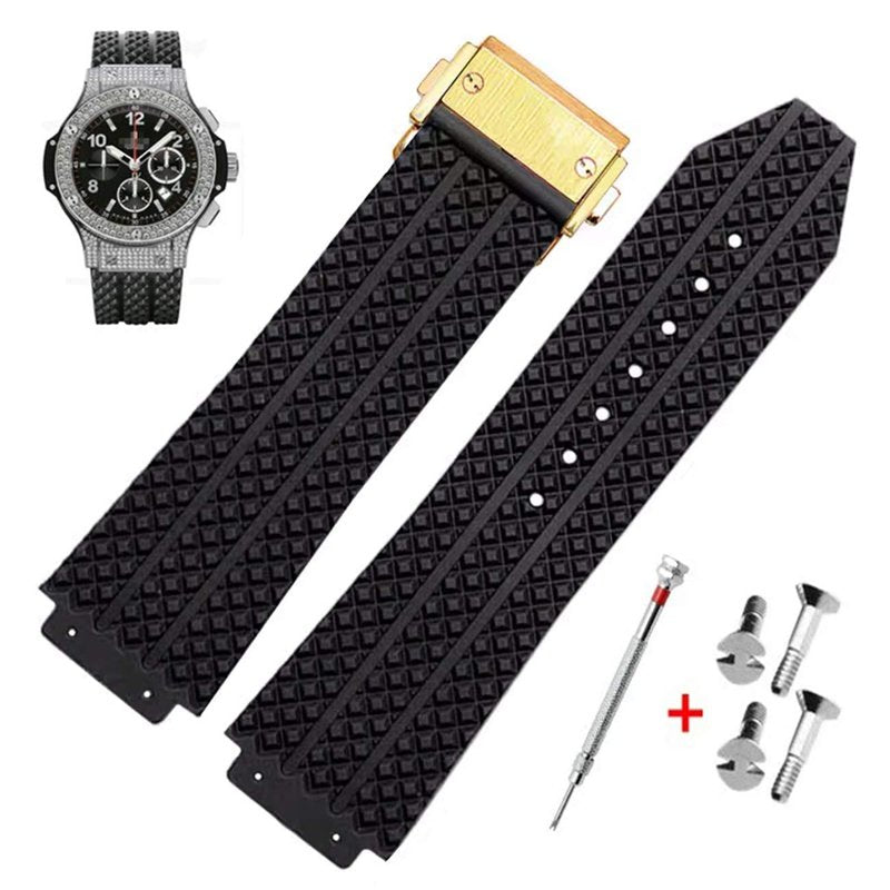 KAMIU 25mm Rubber Watch Strap with Replacement Band Tool Big Bang (Black Particle - Golden Buckle)