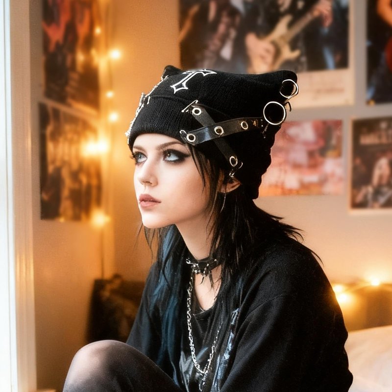 Y2K Gothic Grunge Hat - Cat Ear Bat Wing Black Beanie with Ears Cross Chains, Emo Punk Knitted Skull Cap for Women, Streetwear Goth Hat with Ears