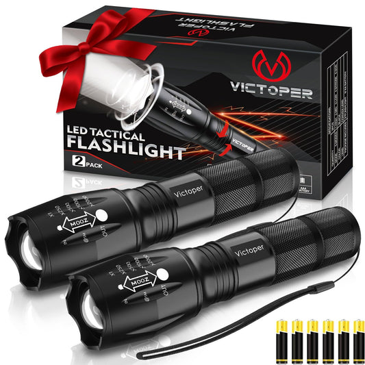 Victoper LED Flashlight 2 Pack, Bright 2000 Lumens Tactical Flashlights High Lumens with 5 Modes, Waterproof Focus Zoomable Flash Light for Outdoor, Gifts for Birthday for Men Women Adults