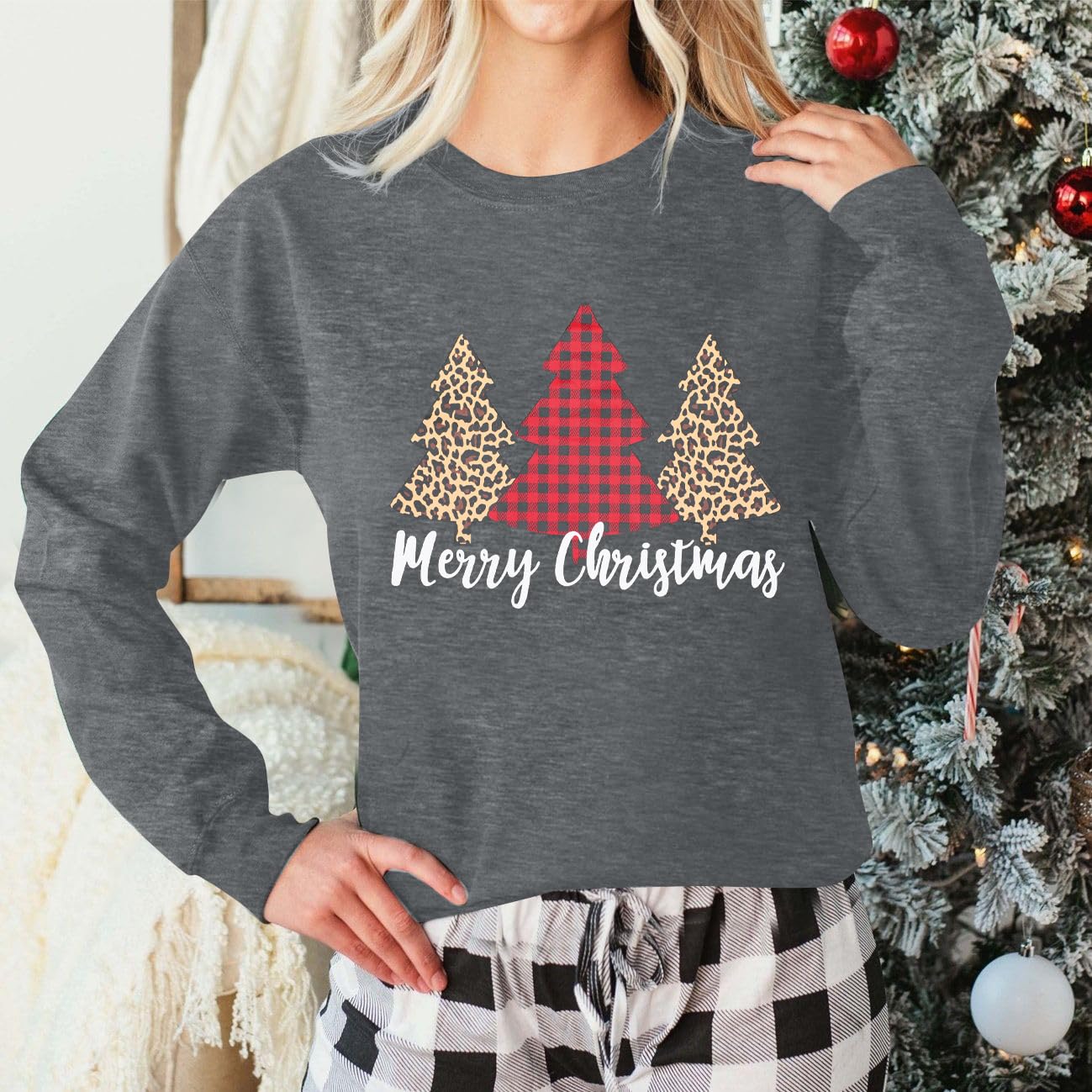 LUKYCILD Christmas Trees Sweatshirt Women Plaid Leopard Graphic Long Sleeve Pulllover Tops