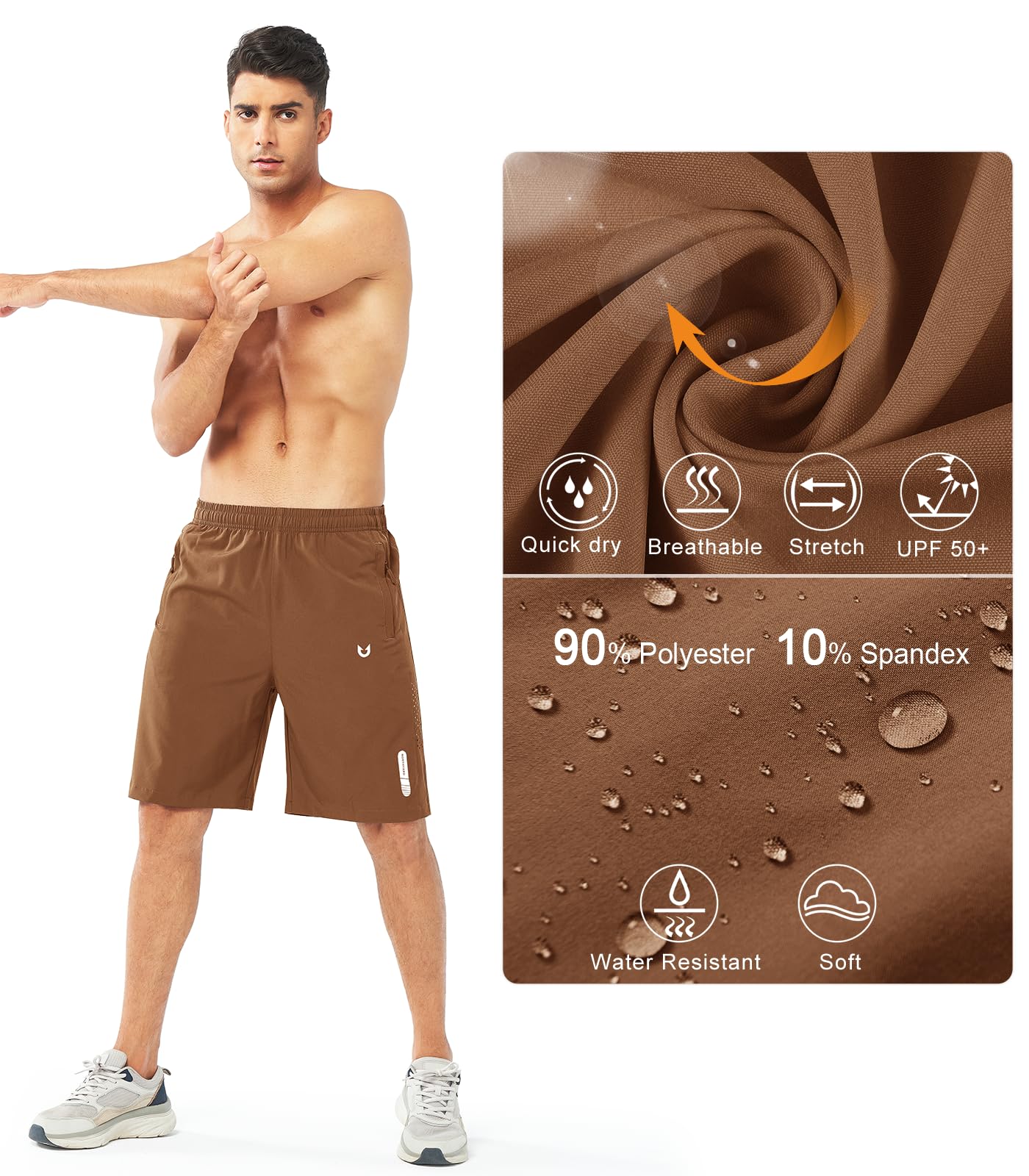 NORTHYARD Men's Athletic Running Shorts Gym Workout 7"/9"/5" Quick Dry Lightweight Sports Basketball Tennis 3 Zipper Pockets BROWN-9inch L