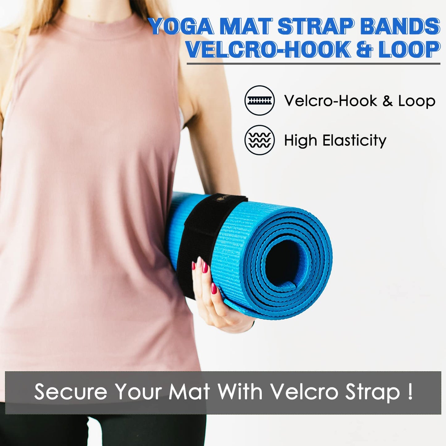 Aolamegs 23x2 Elastic Yoga Mat Strap - 4 Pack Hook and Loop High Stretchable Wrapper Straps 2 Inch Wide, Heavy Duty Bungee Straps, Wrap Organizer for Yoga/Workout/Exercise/Fitness/Pilates Mat Storage