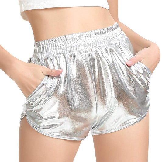 MAKARTHY Women's Metallic Shorts Elastic Waist Shiny Sparkly Rave Pants (Medium, Silver)