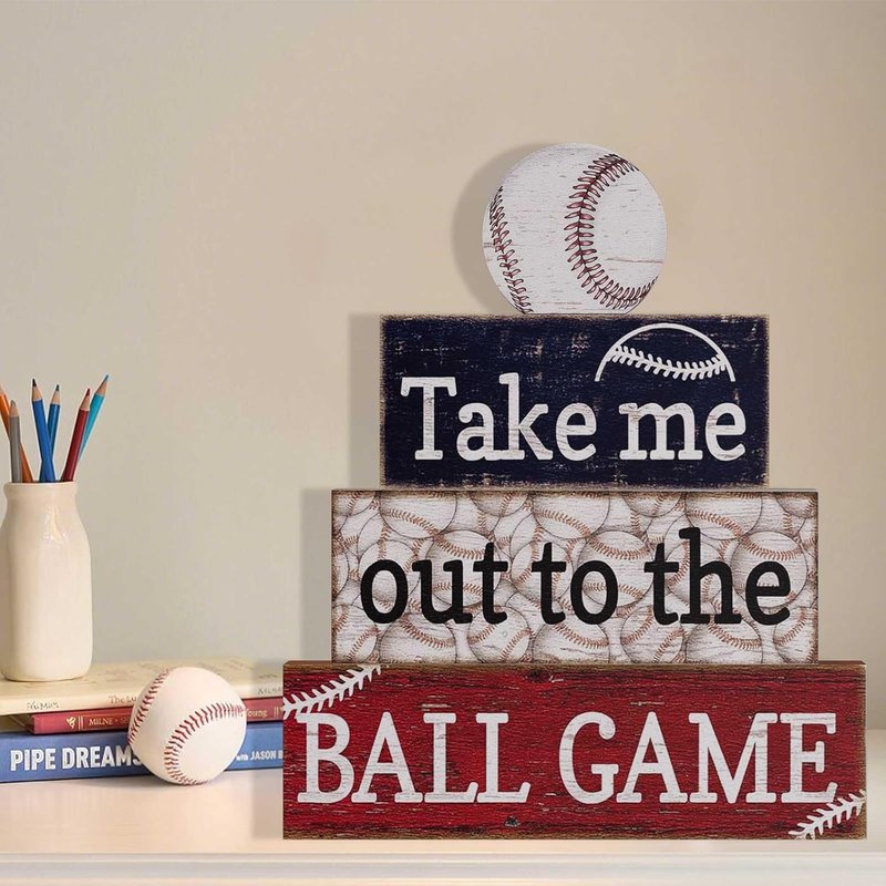 Baseball Party Table Decorations - 4 Pcs Wooden Sign Blocks | Centerpieces for Boys' Birthday, Sports Club & Home Decor