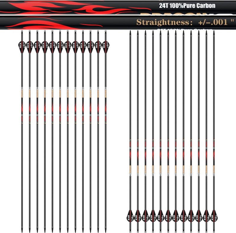 100% Pure Carbon Hunting Arrows - Olympic-Grade 10 Spine Deflection | Straightness 0.001"/0.003"/0.006" | Ideal for Compound & Recurve Bows (12/24PCS)