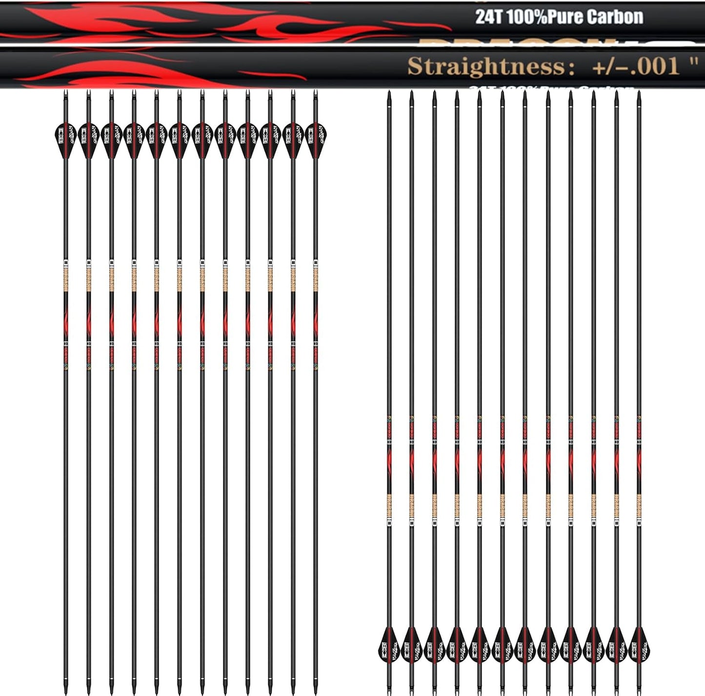 100% Pure Carbon Hunting Arrows - Olympic-Grade 10 Spine Deflection | 0.001"/0.003"/0.006" Straightness, Ideal for Compound & Recurve Bows (12/24PCS)