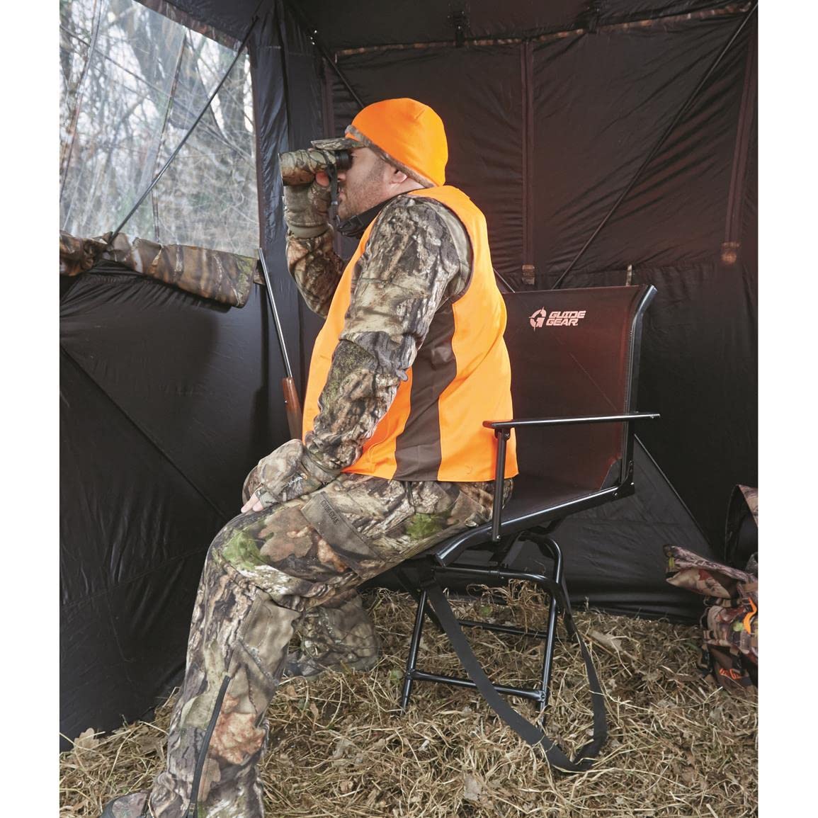 Guide Gear Big Boy Hunting Blind Chair with Armrests, Portable Folding Seat for Shooting, Comfortable Spin Swivel, 500-lb. Capacity