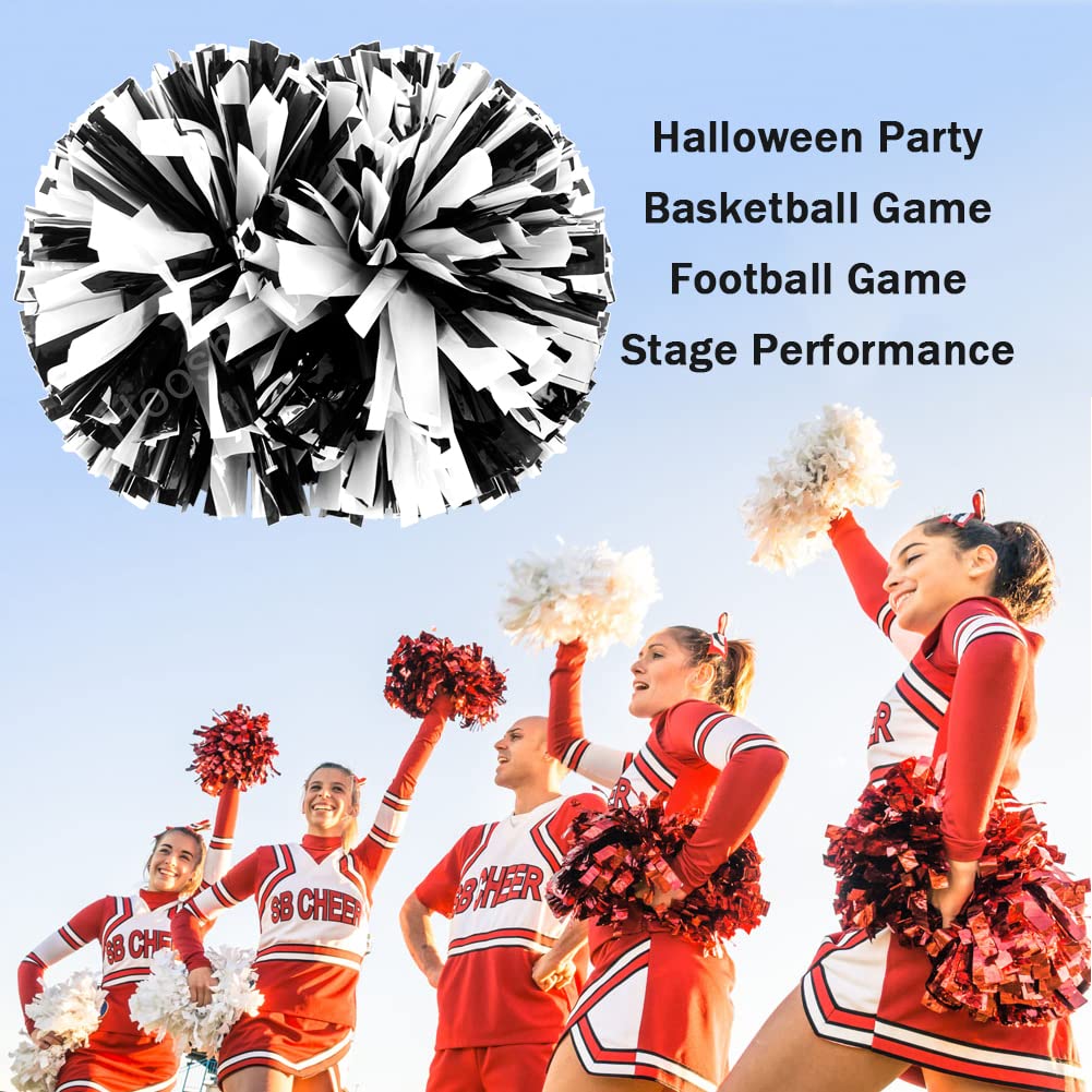 Hooshing 2 Pack Cheerleading Pom Poms Black and White Pom Poms with Baton Handle for Team Spirit Sports Dance Cheering Kids Adults