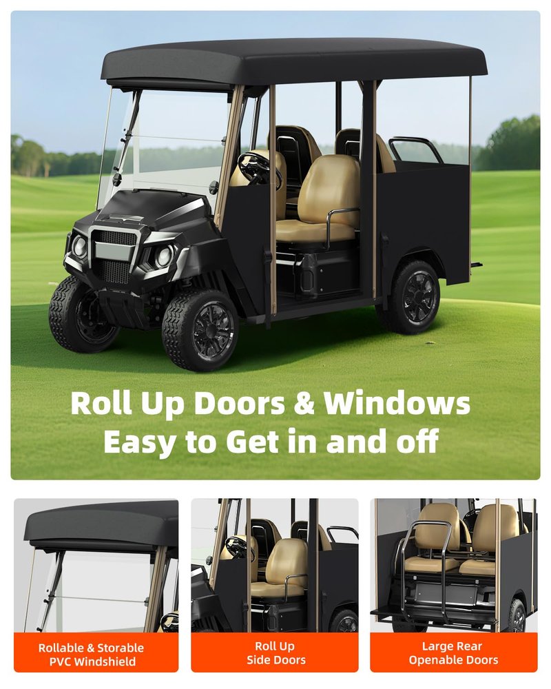 Golf Cart Cover Enclosure 4&6 Passenger, Golf Cart Cover for Yamaha Club Car EZGO, Waterproof 600D Oxford Rain Cover, Transparent Tail Light Panel, Foldable Door,4-Sided Clear Windows
