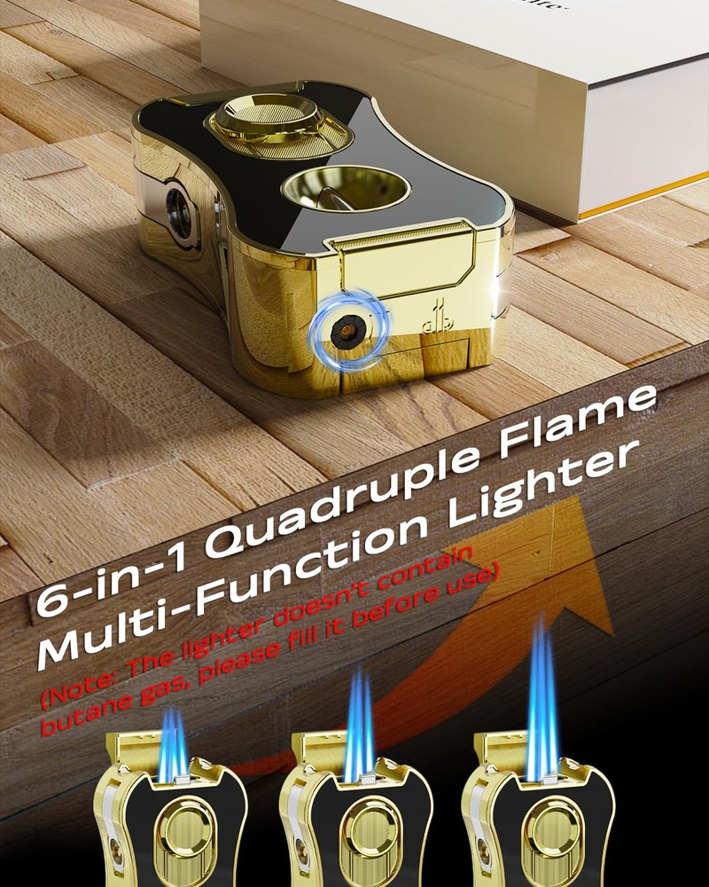 6-in-1 Quad Torch Lighter with Holder, V & Straight Cutter, Punch, Draw Enhancer Tool, Gifts for Men, Flame Adjustable, Refillable Butane Torch Lighter, Multi-use Accessories for Outdoors
