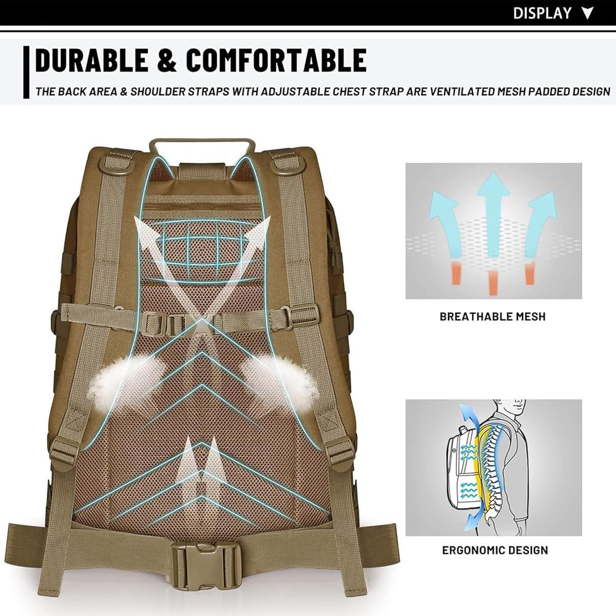 REEBOW GEAR Tactical Backpack - Military Style Assault Pack for Men | 40L Tan Hiking Daypack