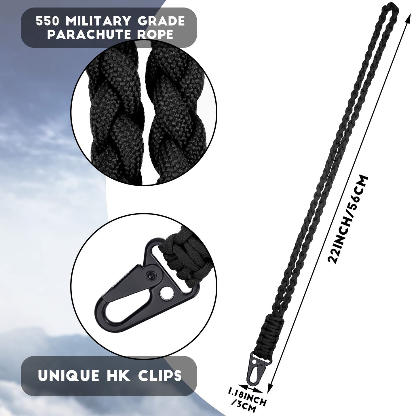 Frienda 2 Set Heavy Duty Paracord Lanyard Necklace Whistles Strap Braided 550 Keychain Lanyard for Outdoor Activities (Black, Camouflage)