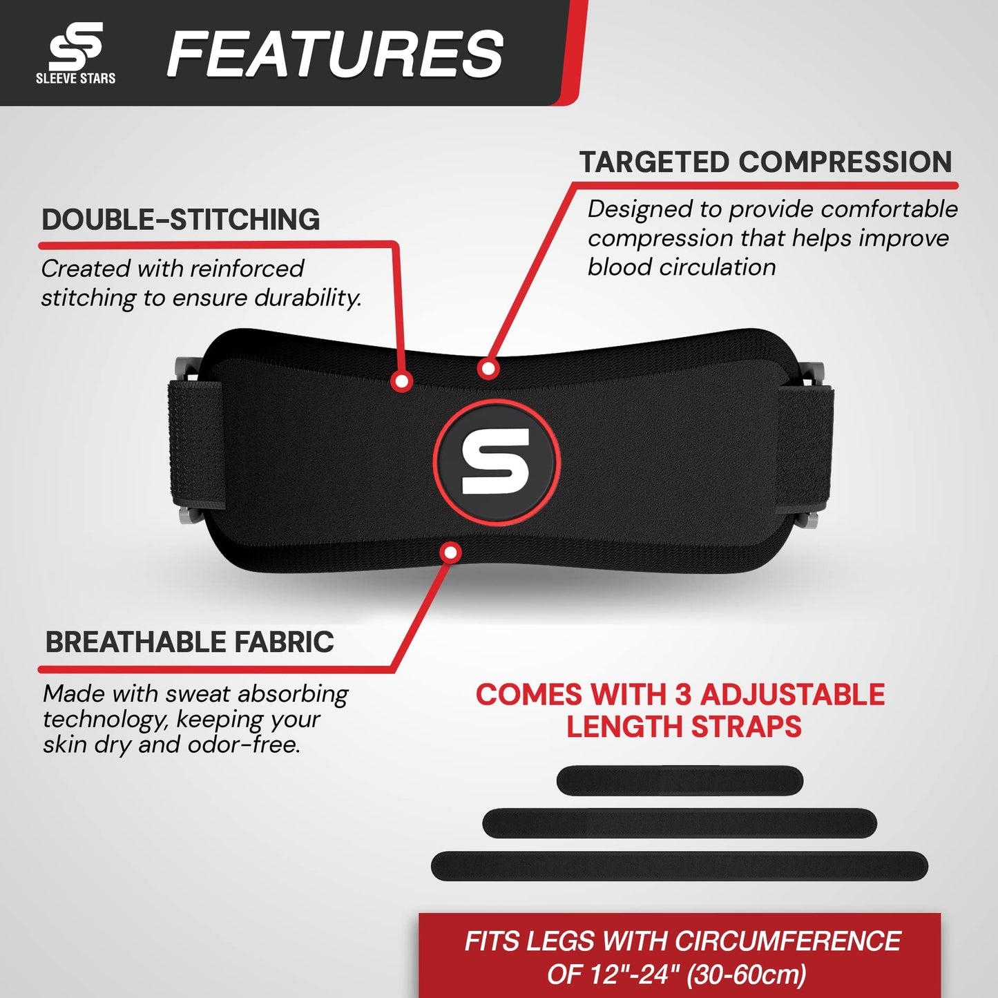 SS SLEEVE STARS Patellar Tendon Support Strap Swedish Brand for Women & Men Effective Osgood Schlatter Knee Brace Youth & Kids with 3 Adjustable Length fits 12"-24" (Pair/Black/Adult)