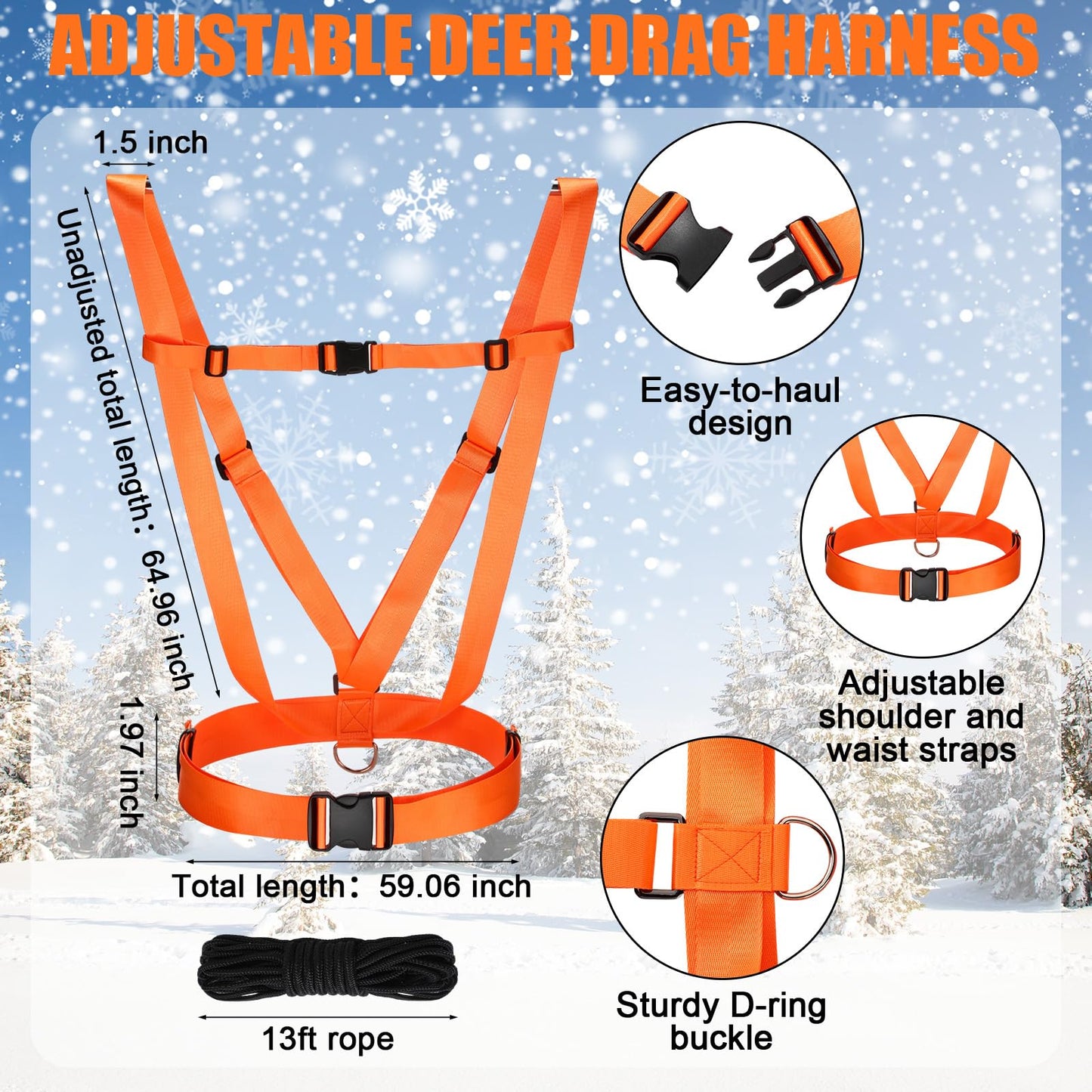 WinnerWhy 2 Set Thickened Tear-Resistant Deer Drag Sled Game Glide Heavy Duty Deer Cart Game Hauler for Hunting with Storage Bag, 2 Dual Harness Elk Drag with Rope for Hauling Elk Turkeys