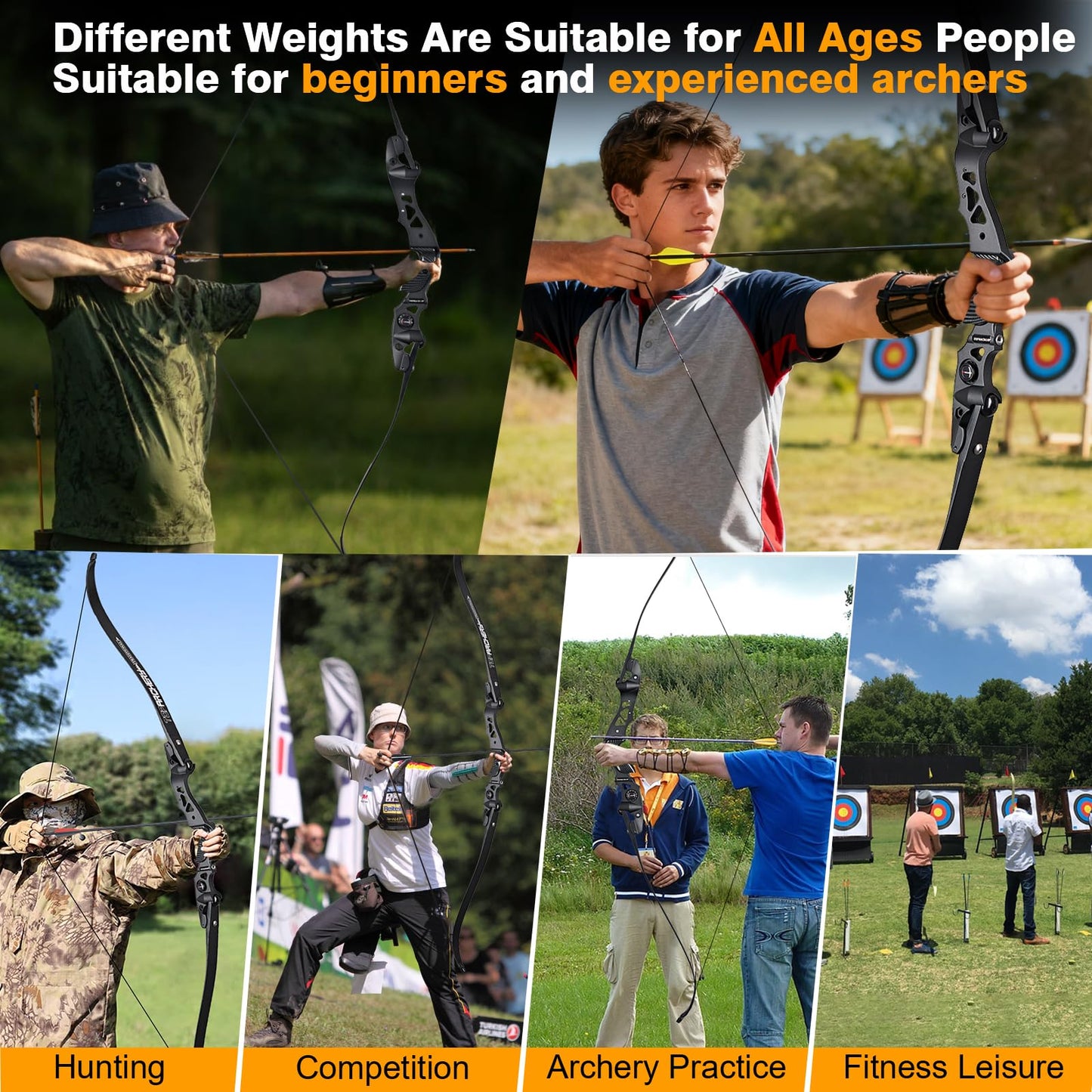 TOPARCHERY 62" Black Hunter Recurve Bow, ILF Interface Shock Absorption Takedown Hunting Recurve Bow for Adult & Youth Beginner, Longbow Archery Set for Outdoor Target Hunting Practice-25LBS-Black