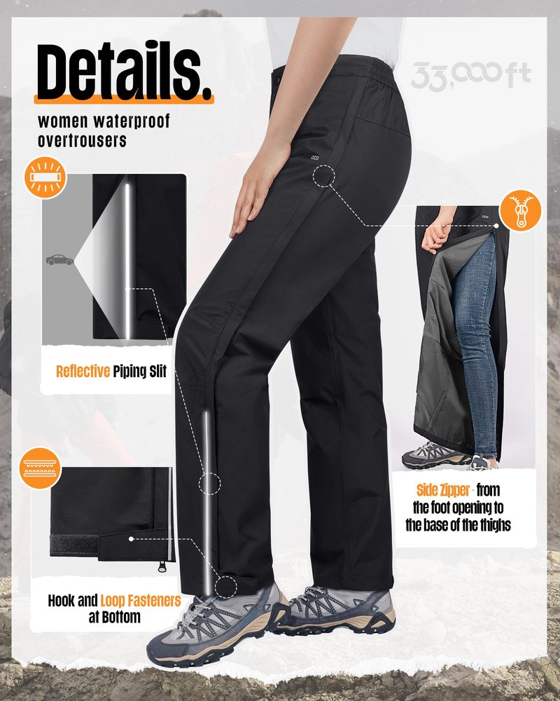 33,000ft Women's Full Zip Rain Pants Lightweight Rain Over Pants Windproof Outdoor Hiking Fishing Golf Black