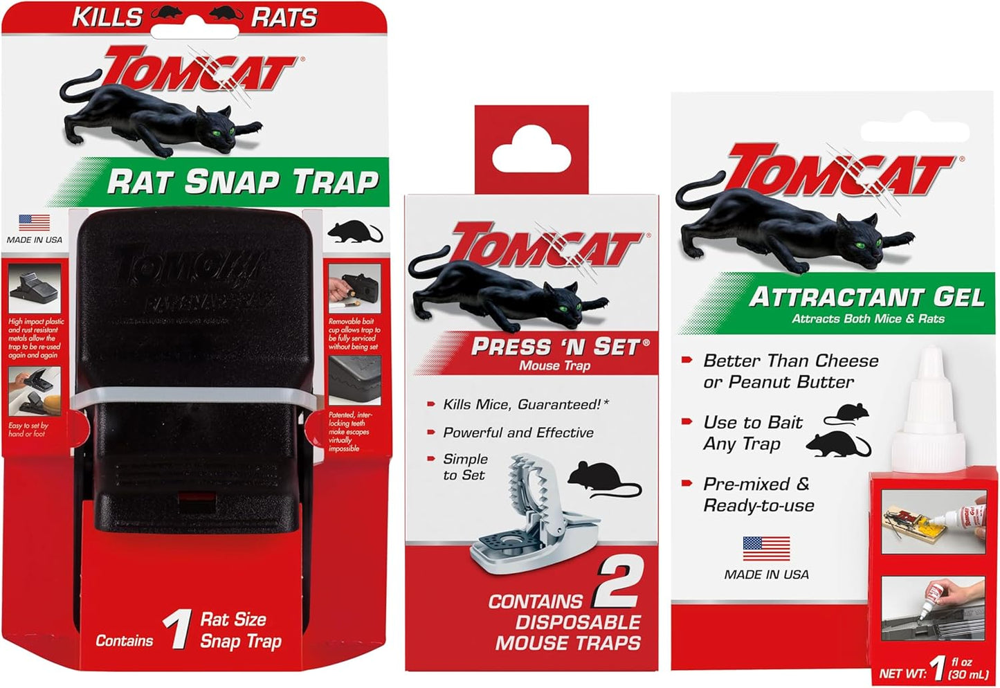 Tomcat Rat & Mouse Trap Bundle - 2 Press 'N Set Traps & 1 Rat Snap Trap with Attractant Gel