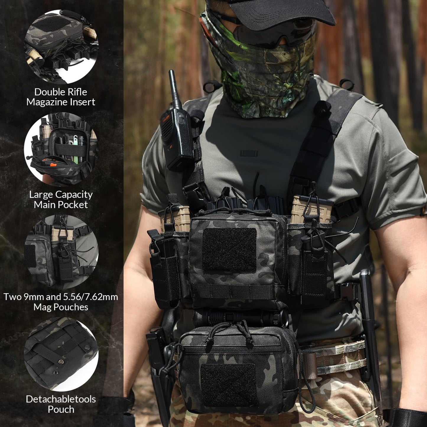 VOTAGOO GEAR Chest Rig-Tactical Chest Rig, Adjustable & Detachable Molle Micro Chest Rigs, with 5.56/7.62 Magazine Pouch, Pistol Pouch