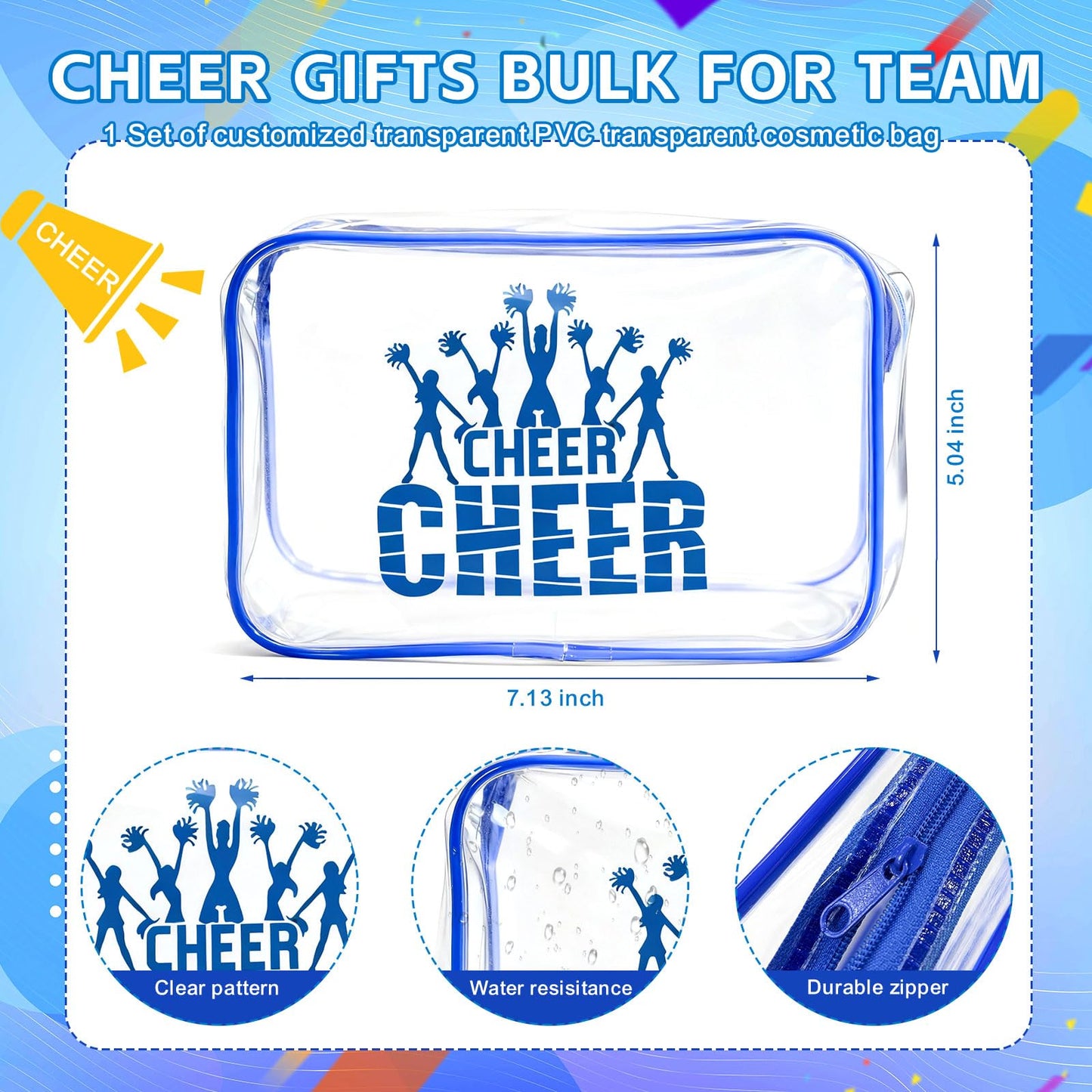 20 Pcs Cheer Goodie Bags Cheer Snack Bags for Team 7 X 5 '' Pvc Cheerleader Gifts Bulk Waterproof Portable Cheerleader Tote Cheerleading Travel Duffel Packet for Teammate Party Party Supplly(Blue)