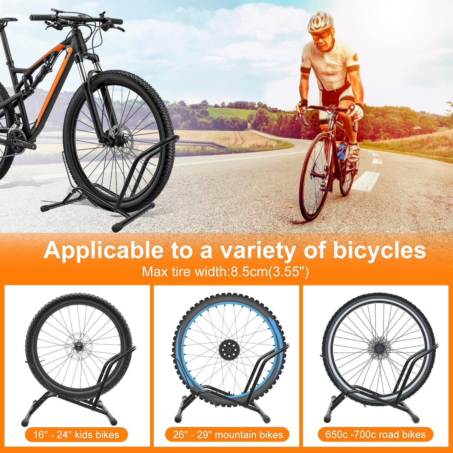 Bike Floor Stand Bikes Bicycle Rack for Outdoor and Indoor,Front And Rear Wheel Storage Bicycle Freestanding Parking Stand Holder Fit for 16"-29" Kid's/Mountain/Road Bikes,Heavy Duty Metal,Adjustable