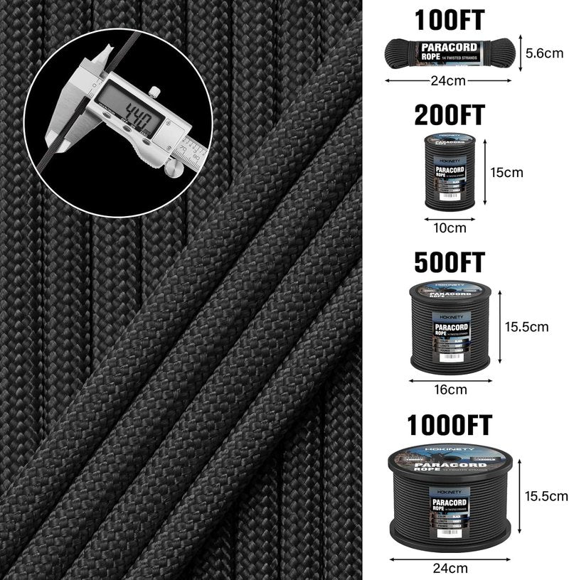 1200 Paracord Rope - 4.4mm 14 Strand Nylon Utility Cord for Camping, DIY Projects & Fishing | Black 200FT