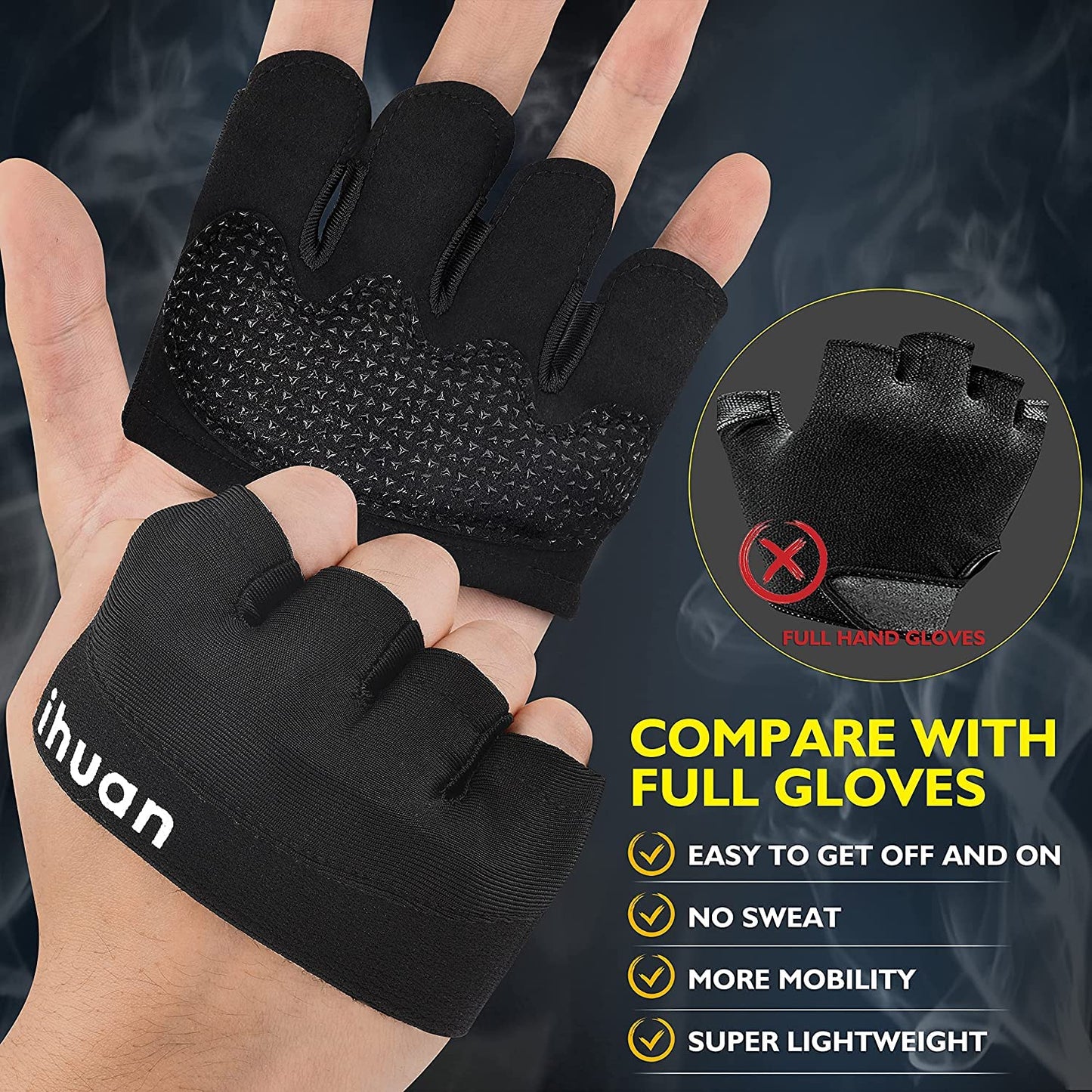 ihuan New Weight Lifting Gym Workout Gloves Men & Women, Partial Glove Just for The Calluses Spots, Great for Weightlifting, Exercise, Training, Fitness… (Black, XS)