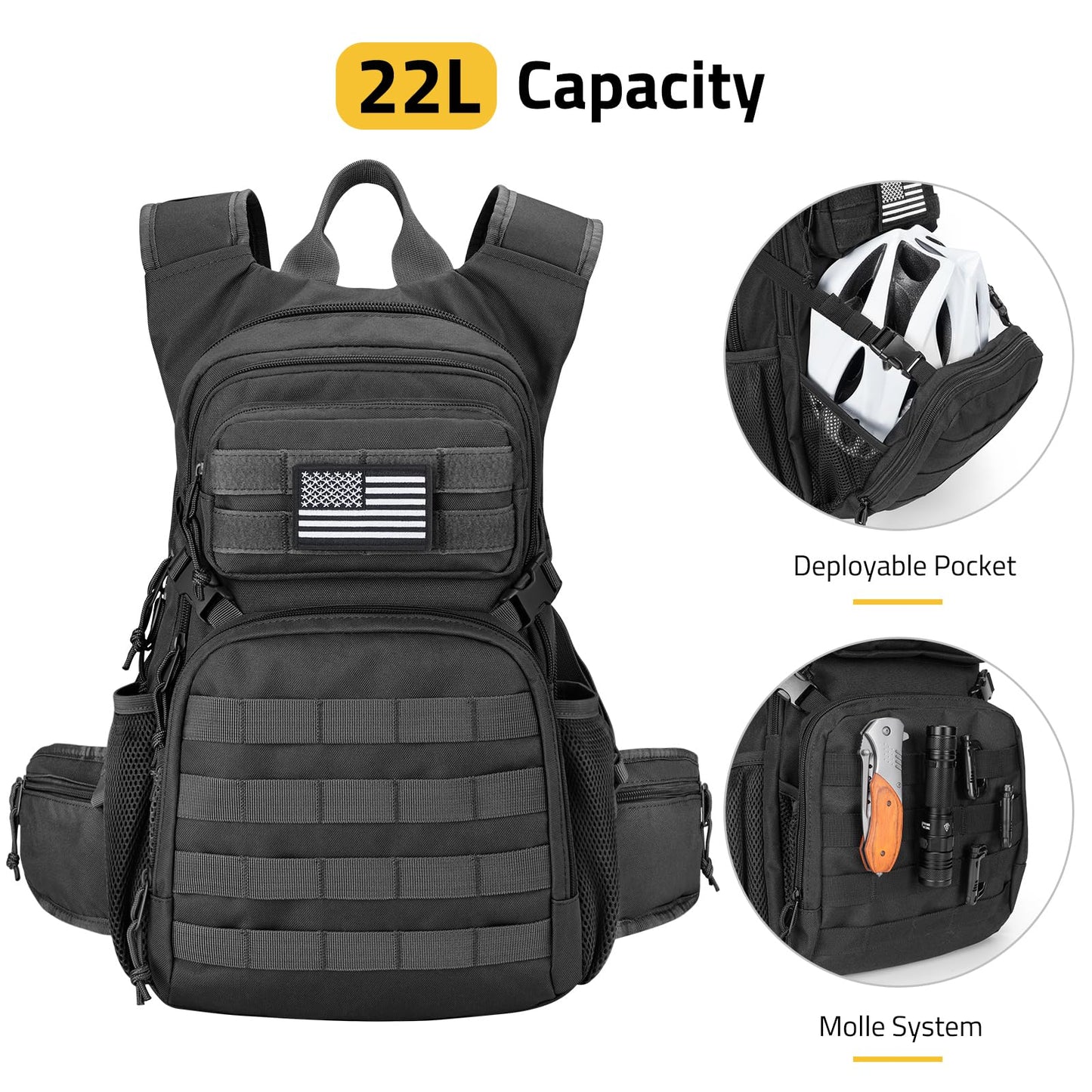 CVLIFE Tactical Hydration Backpack 3L, Lightweight Water Bag Hydration Pack, Hiking Backpack with Water Bladder for Men Women, Heavy Duty Molle Water Backpack for Cycling, Running, Hunting Black