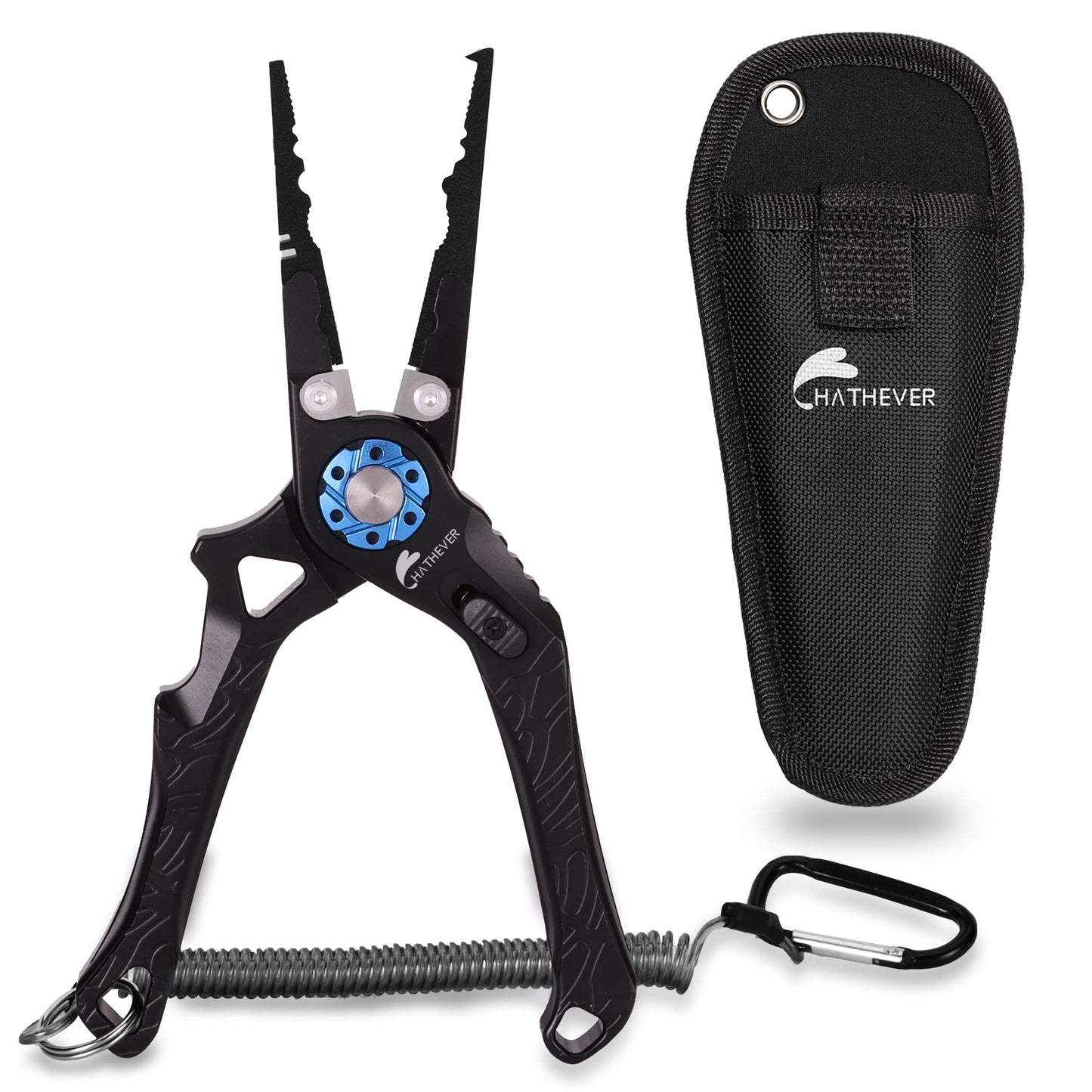 Hathever Fishing Pliers, Split Ring & Hook Remover with Tungsten Carbide Cutters, Aircraft Aluminum Handle, Lockable with Sheath & Lanyard