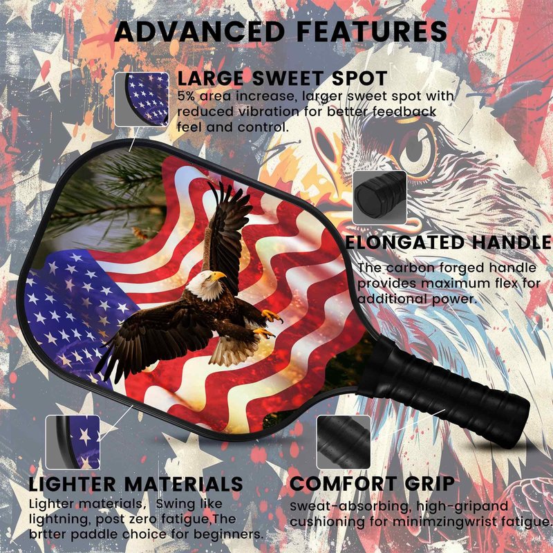 Cozaline Carbon Fiber Pickleball Paddles with Cushion Comfort Pickleball Paddle Grip, Lightweight Paddles with Flag&Eagle Pattern, Stylish Design for Men,Women,Kids,Adults