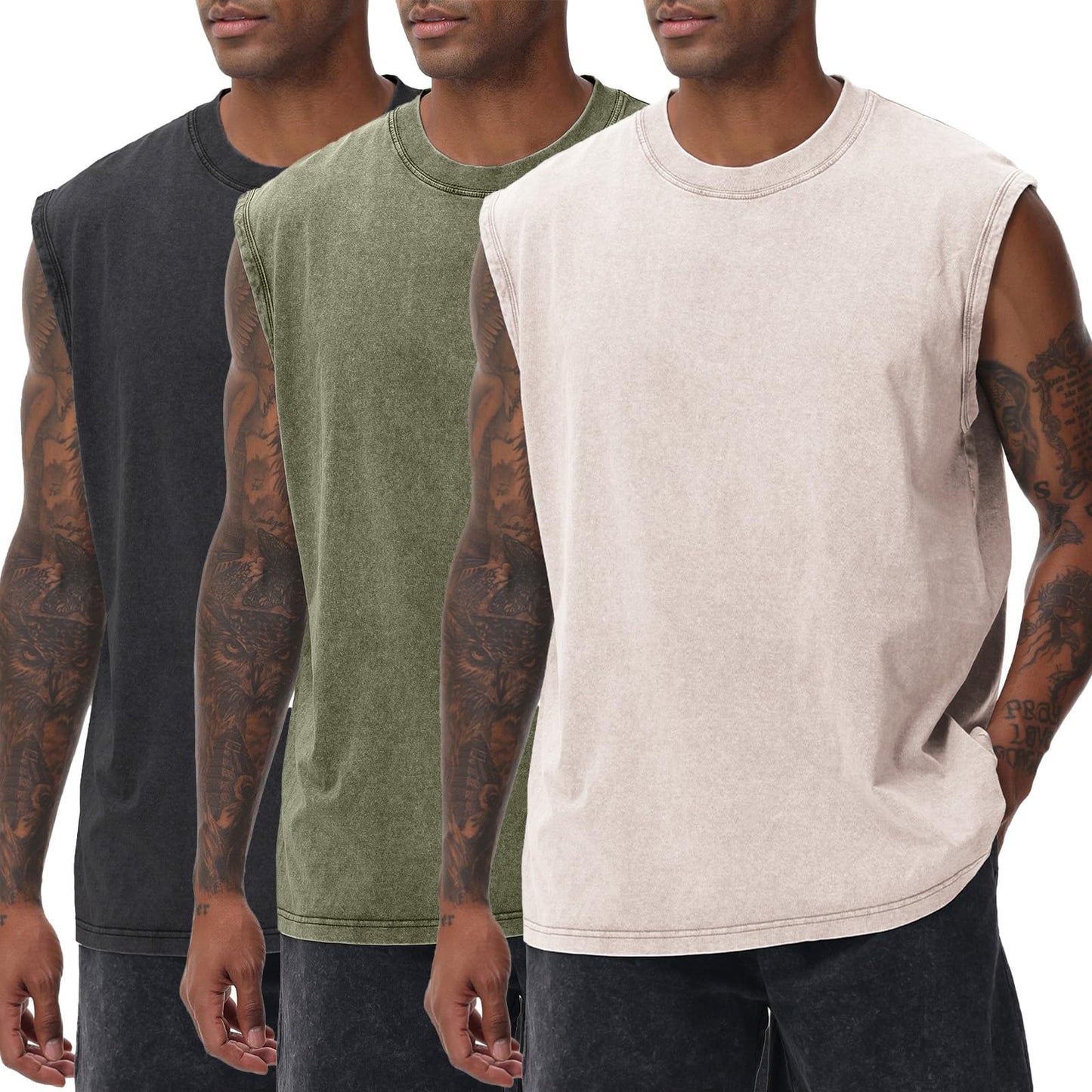 SnowElve 3 Pack Mens Workout Tank Tops Sleeveless Tee Shirts Men Muscle Shirt Gym Acid Wash T Shirts Running Beach Loose Fit Tee(BKAGAC,S)
