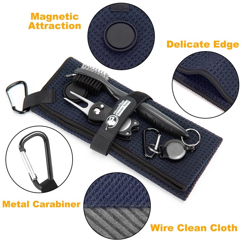 Lousrnman Magnetic Golf Towel, 2 PCS Microfiber Golf Towels with Wire Cleaning Cloth for Men, Industrial Strength Magnet Accessories for Strong Hold to Golf Bags, Carts or Clubs (Black Blue)