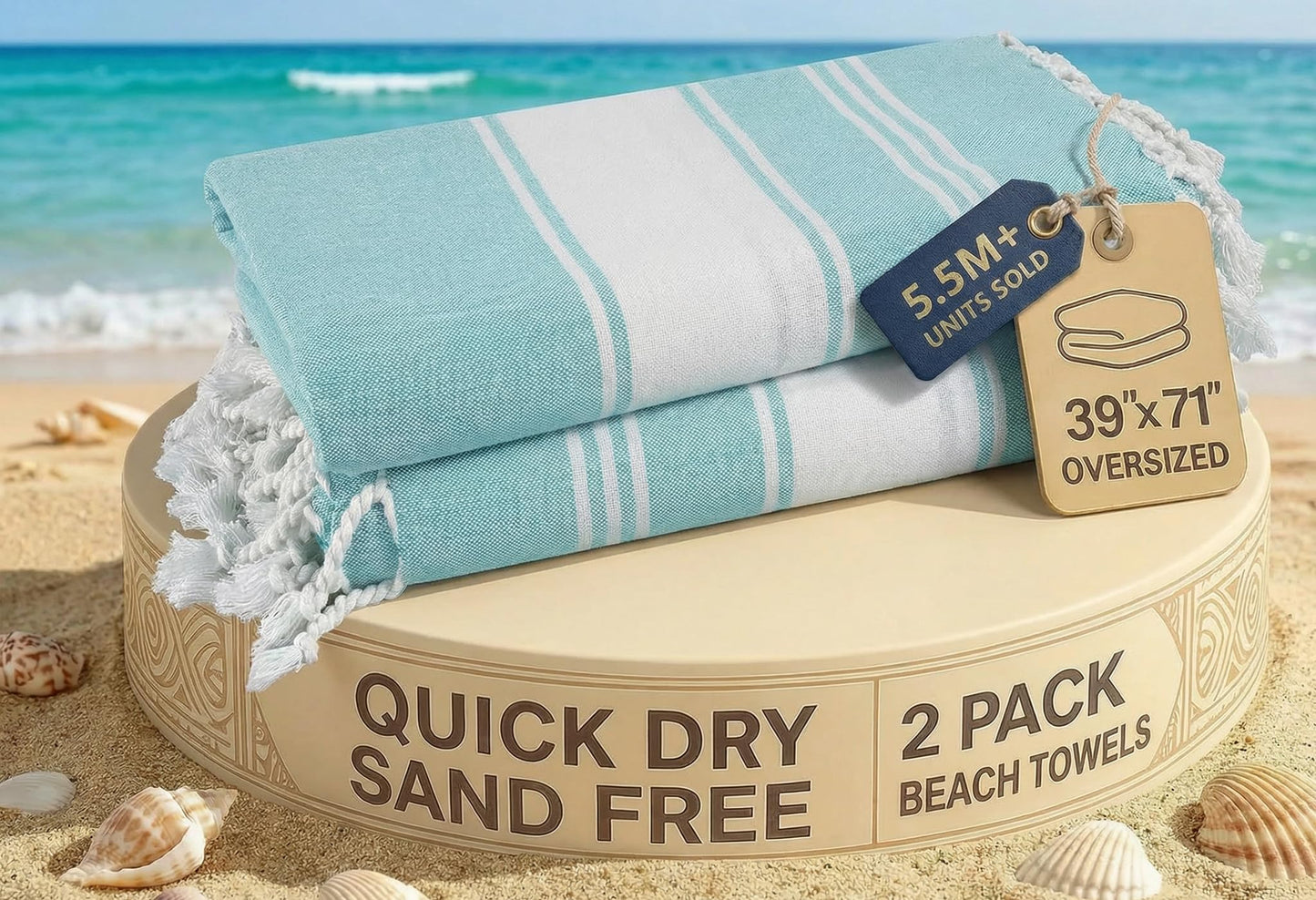 LANE LINEN Beach Towel 2 Pack, Oversized Beach Towel 39"x71", Lightweight Beach Essentials for Women, Large Pool Towel, Absorbent & Quick Dry, Sand Free Beach Towel - Aqua