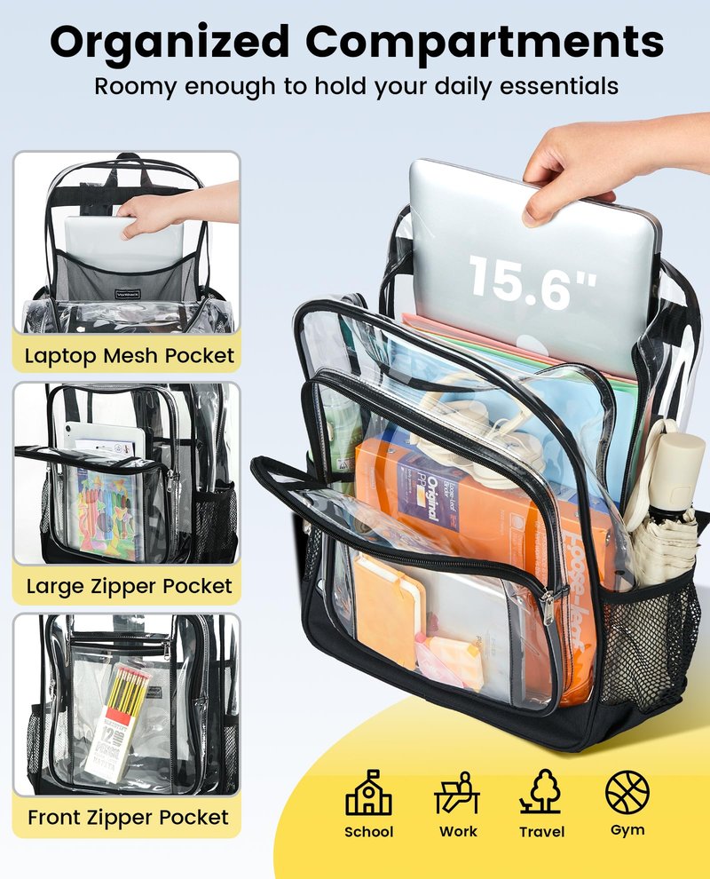 Vorspack Clear Backpack Heavy Duty - Extra Large Clear Backpacks with TSA Lock Transparent See Through Bookbag for College, Work, Travel - Black
