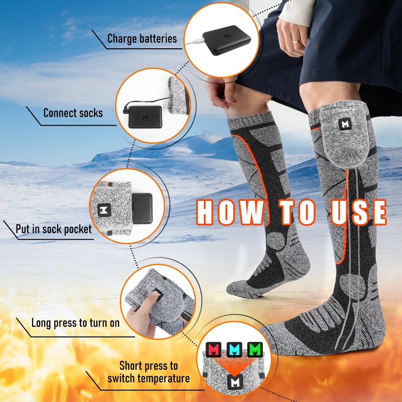 EIHBIEA Heated Socks, 5V 6000mAh Rechargeable Heated Socks for Men & Women, Electric Socks with 3 Heating Levels for Winter, Skiing, Hunting, Camping, Hiking, Cycling, Outdoor Work