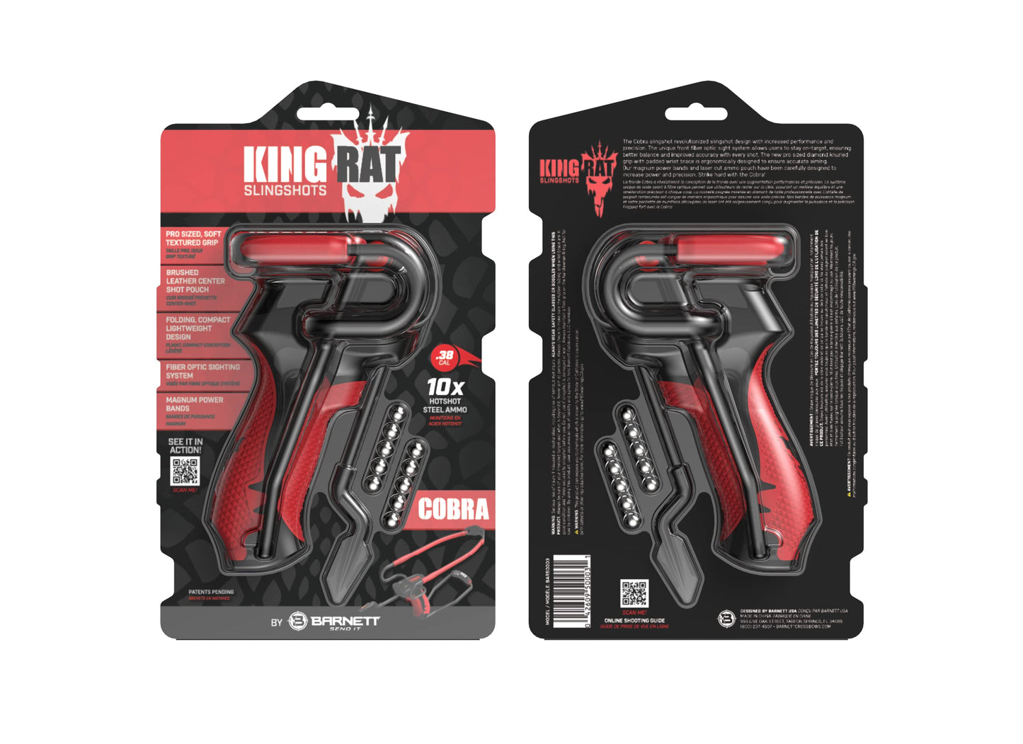 Barnett King Rat Slingshots, Cobra Slingshot with Stabilizer & Brace, Includes Magnum Power Bands, Practice Ammo, & Brushed Leather Pouch,Red/Black