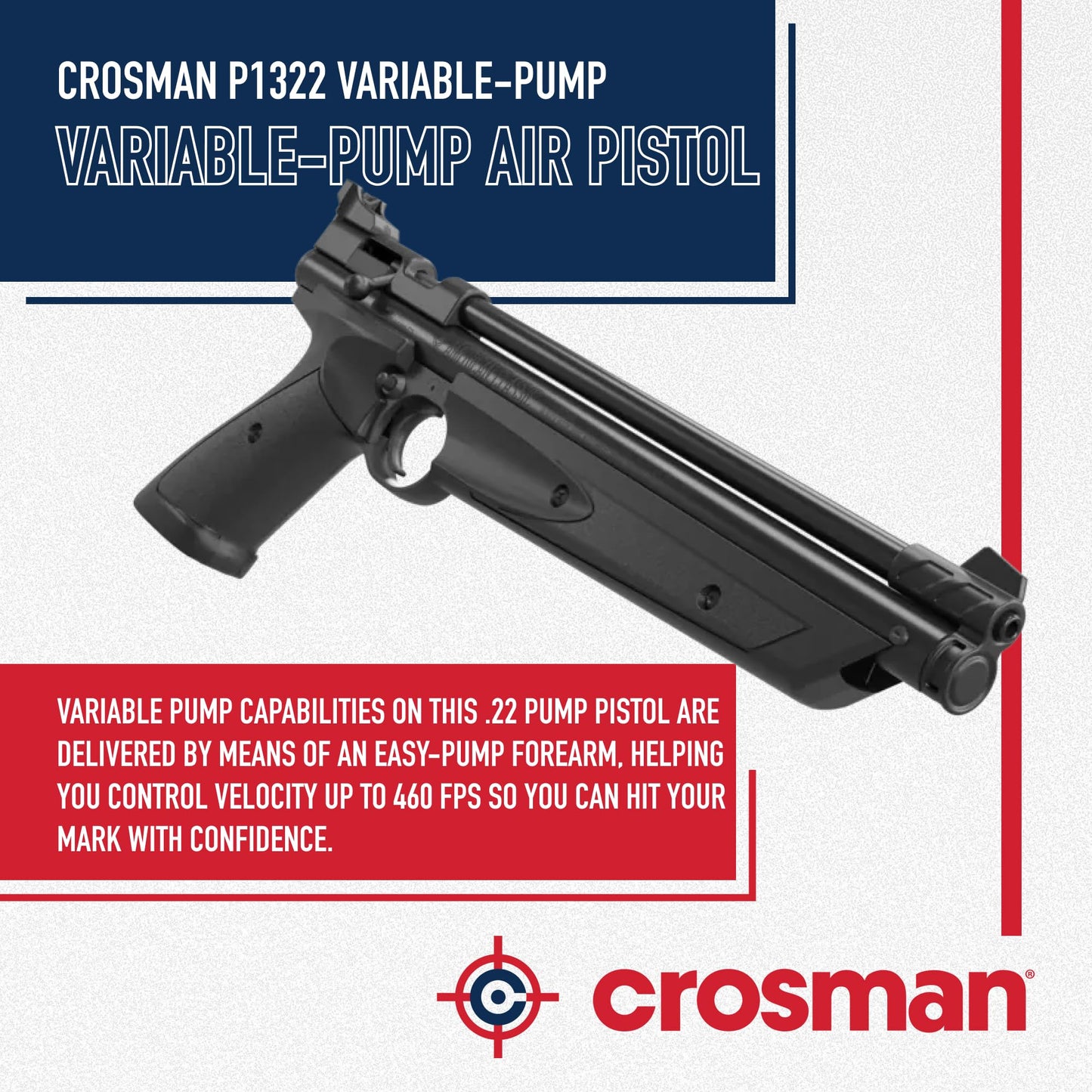 Crosman P1322 American Classic Variable Pump .22-Caliber Pellet Air Pistol - Single Shot Bolt Action - 460 FPS - Black