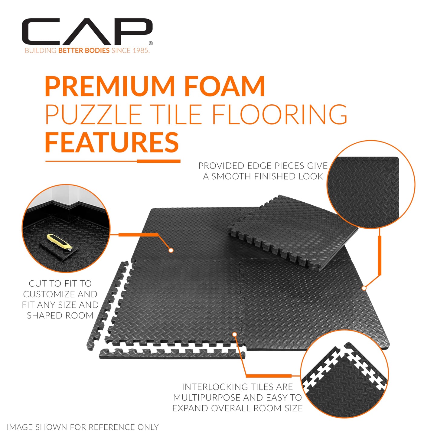 CAP Barbell 1/2-Inch Interlocking EVA Foam Exercise Puzzle Mat Home Gym Flooring - 2 Pack | 24" x 24" x 1/2" | Diamond Pattern - Black