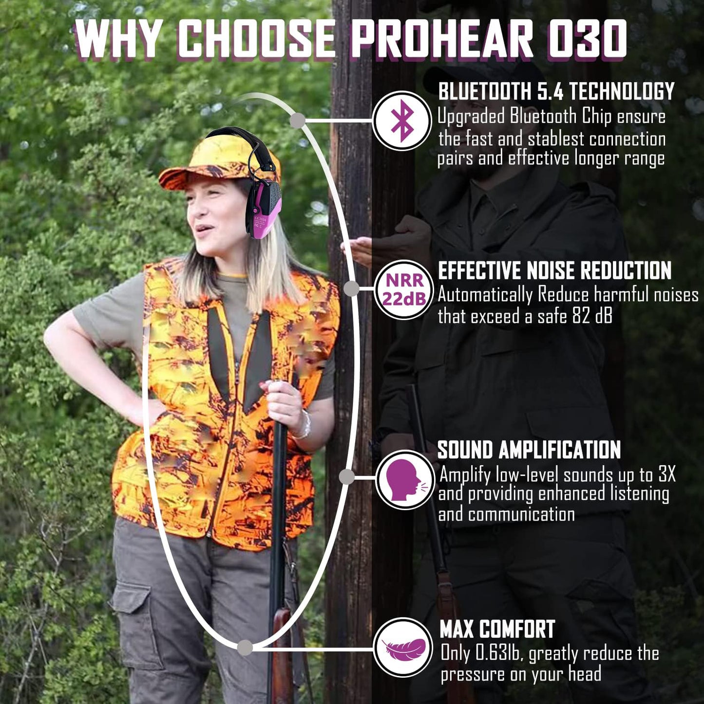 PROHEAR 030 Bluetooth 5.4 Electronic Shooting Ear Protection Earmuffs, Noise Reduction Sound Amplification Hearing Protector for Gun Range and Hunting - Pink